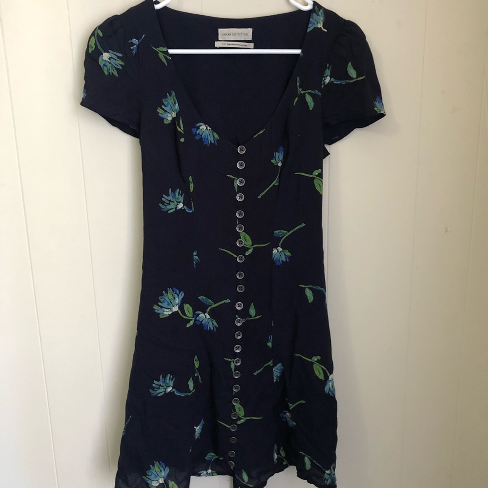 UO Mindy Blue Floral Button-Front Mini Dress